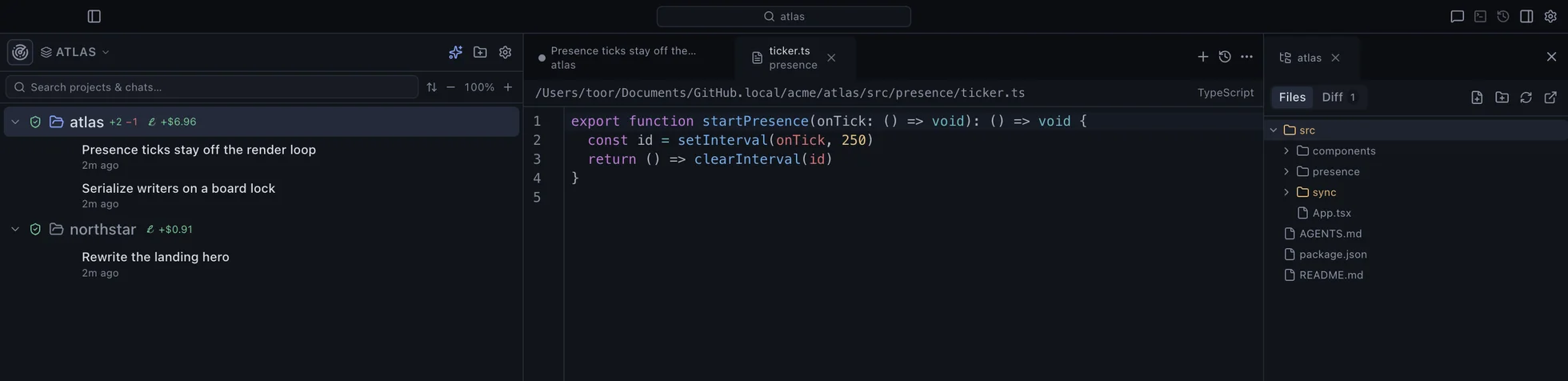 The Cosmos editor: a sidebar of projects with their running agents, a TypeScript file open, and the file tree for the active repo.