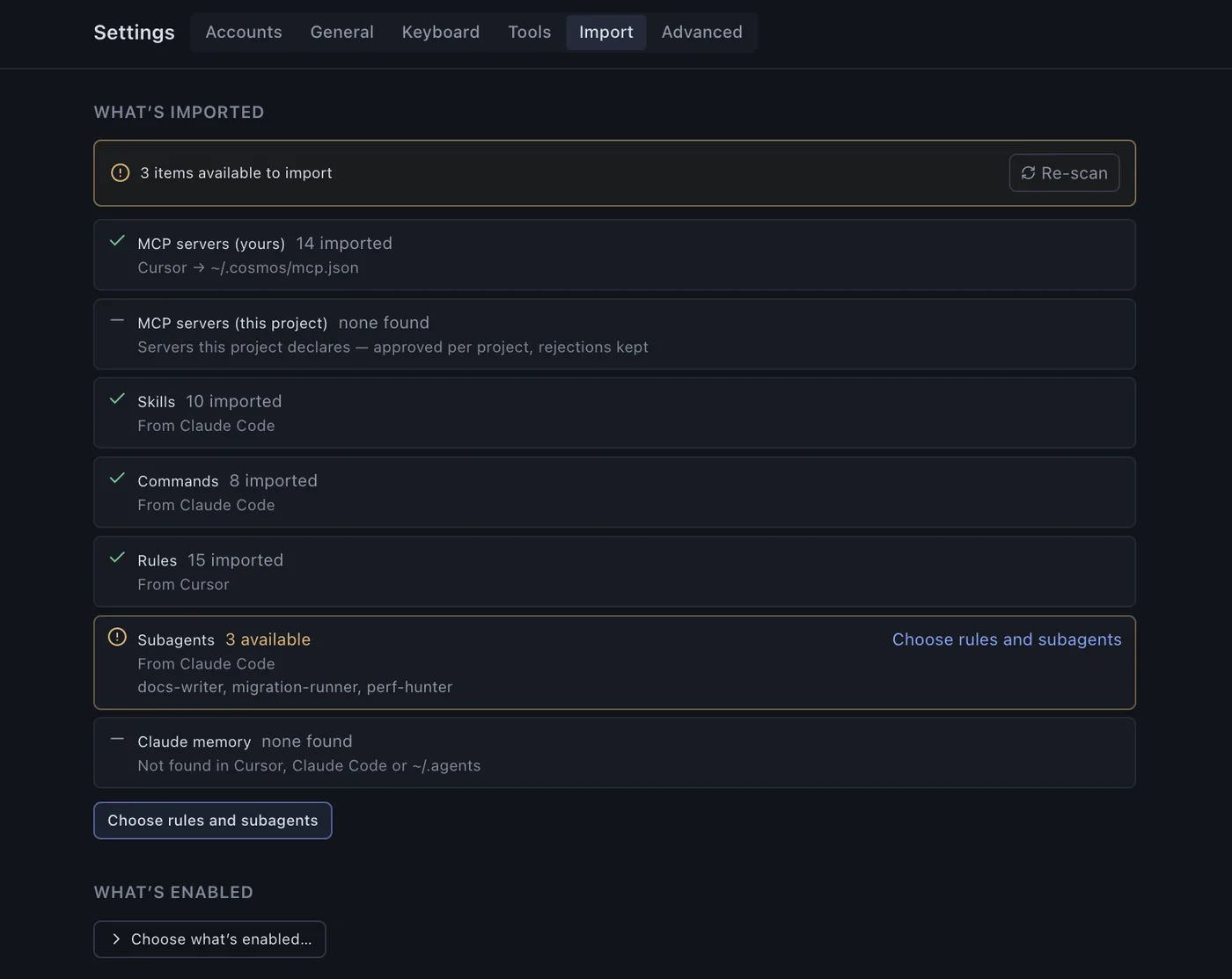 Cosmos settings, Import tab: 14 MCP servers, 10 skills, 8 commands and 15 rules already carried over from Cursor and Claude Code, with three subagents waiting to be chosen.