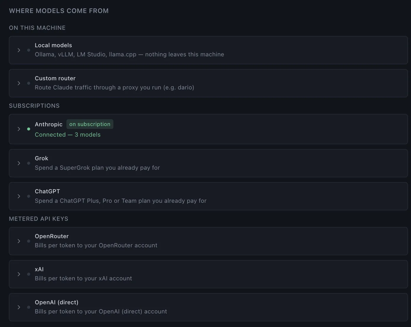 Cosmos settings: Anthropic connected on subscription, with Grok and ChatGPT offering to spend a plan you already pay for, and metered API keys kept in their own group below.