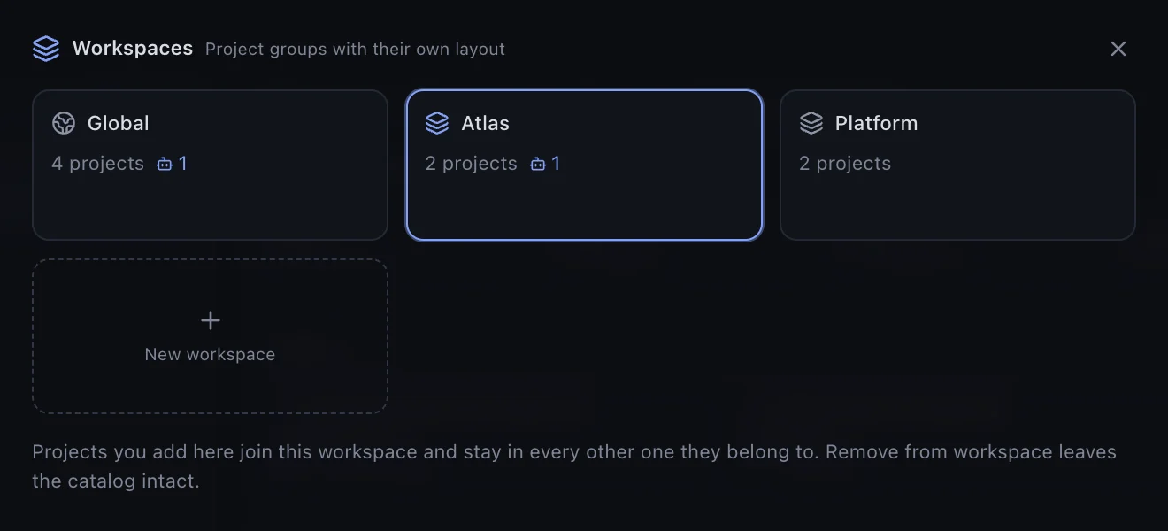 The Cosmos workspace switcher: Global, Atlas and Platform workspaces, each holding several projects, plus a slot to create another.